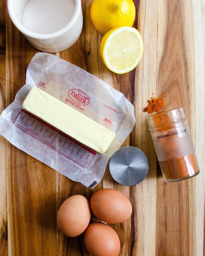 Hollandaise Sauce Ingredients - butter, lemon, salt, eggs and cayenne pepper.