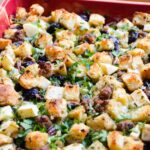 Thanksgiving Stuffing in a red casserole dish.