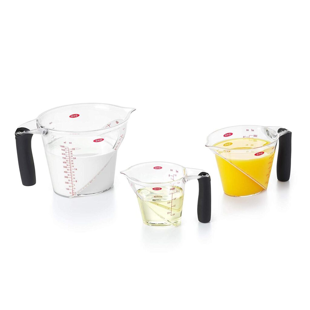 Three Oxo Good Grips angled measuring cups