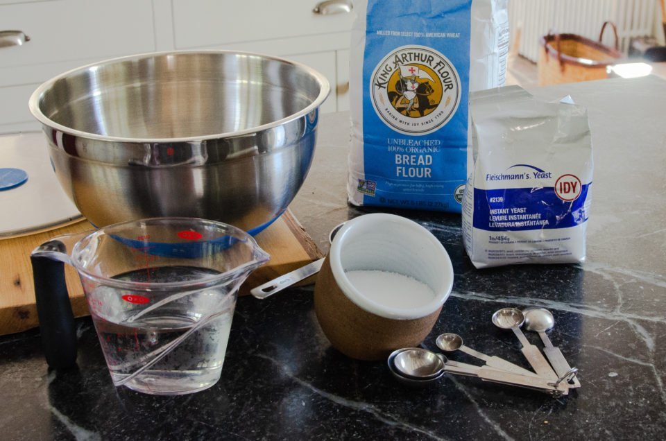 Ingredients for no knead bread on a countertop.
