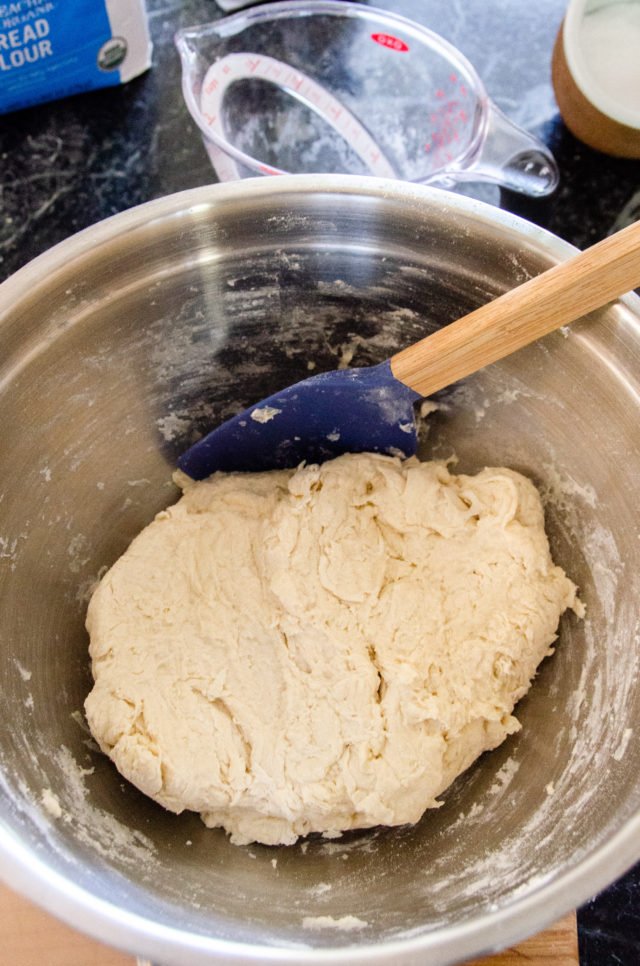 No knead bread dough mixed together in a bowl.
