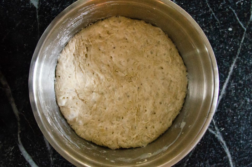 No Knead Bread dough after 18 hours of slow fermentation.