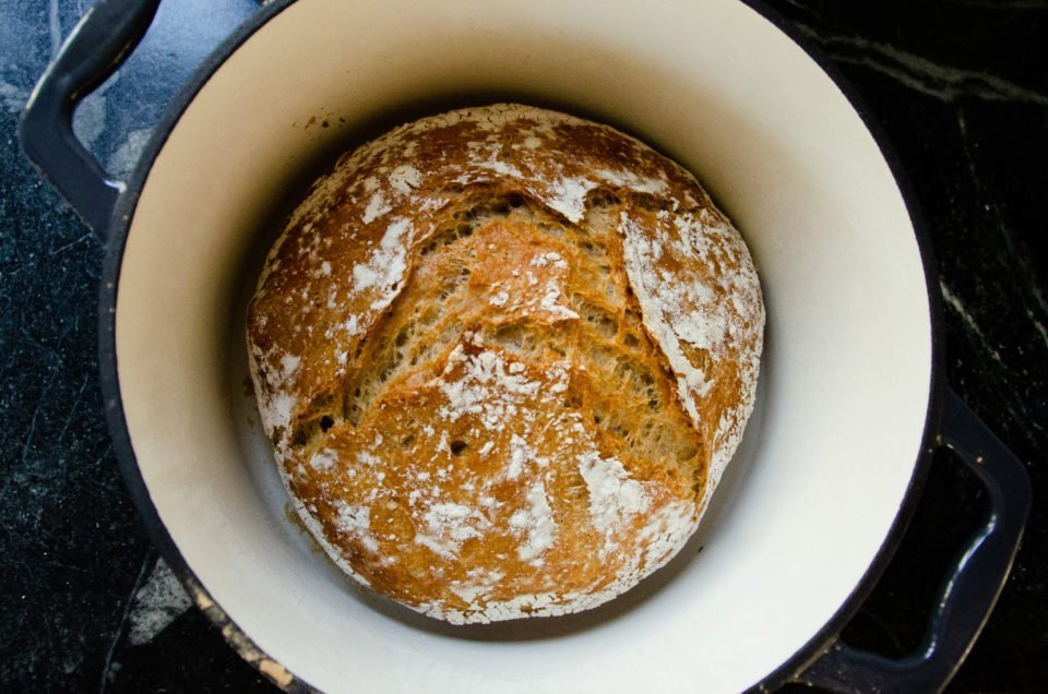 Whole wheat no knead bread finished in a cast iron pot.
