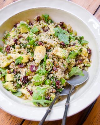 Quinoa Salad with Artichokes, Dried Cherries, Pistachios, Avocado and Arugula