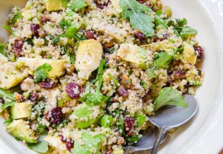 Quinoa Salad with Artichokes, Dried Cherries, Pistachios, Avocado and Arugula