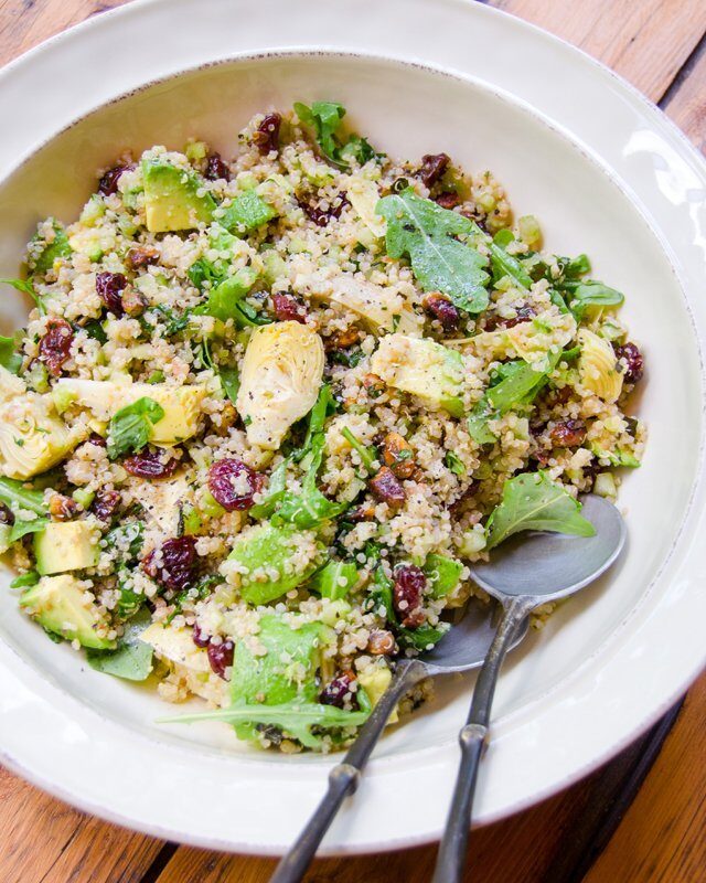 Quinoa Salad with Artichokes, Dried Cherries, Pistachios, Avocado and Arugula