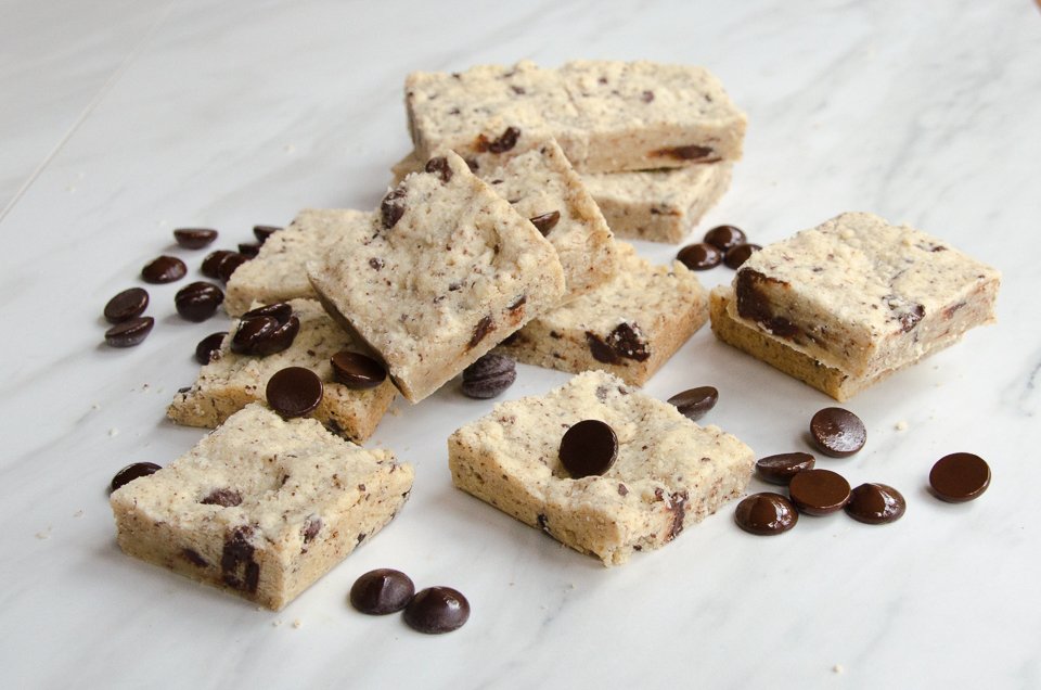 Chocolate Chip Shortbread Cookies with chocolate chips on white marble.