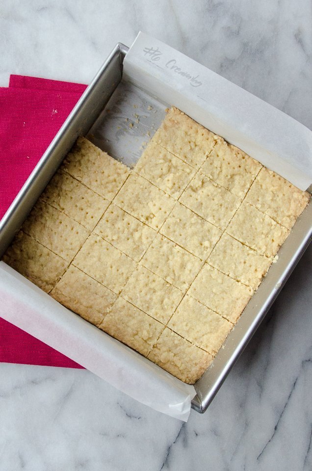 A pan of plain shortbread cookies.