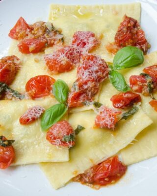 Zucchini Lemon Ricotta Ravioli with Roasted Cherry Tomato Sauce