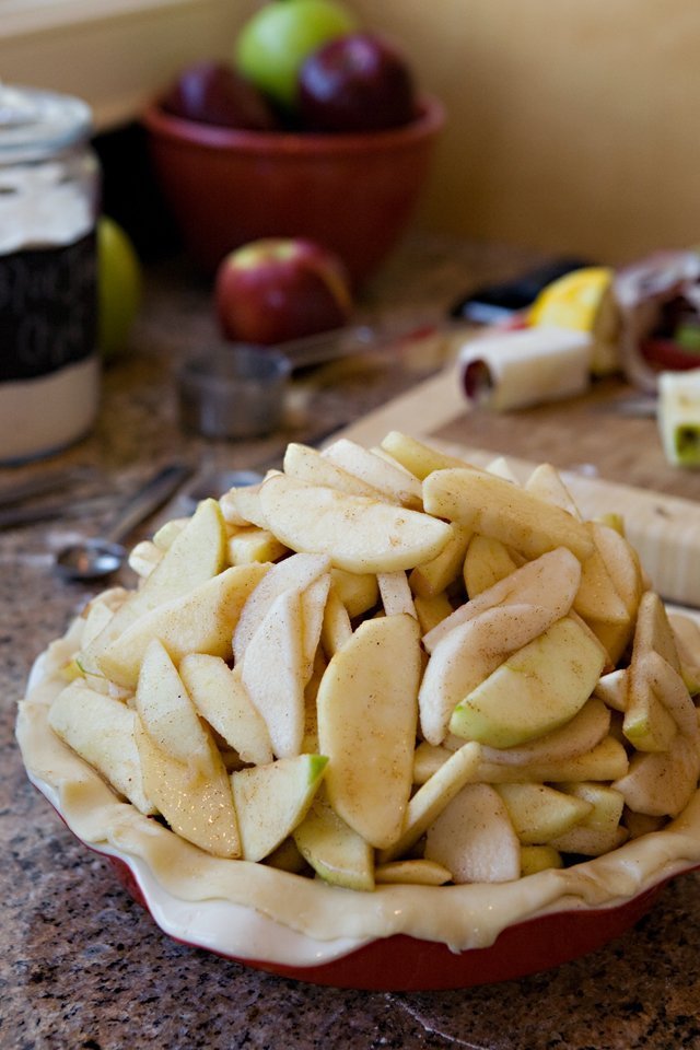 Raw apples in a pie crust in a pie pan as one stage in Mile High Apple Pie.