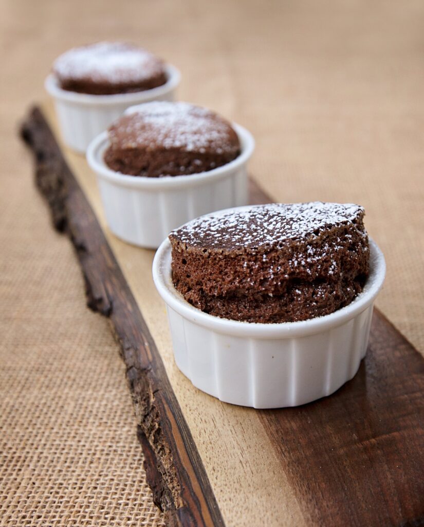 three chocolate shuffles in white ramekins.