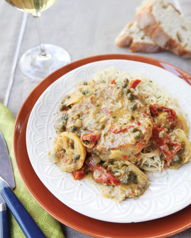 Pork Chops with Artichokes, Capers, Sun-dried Tomatoes and Lemons