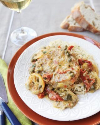 Pork Chops with Artichokes, Capers, Sun-dried Tomatoes and Lemons
