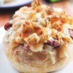 A corned beef reuben casserole on a white plate.