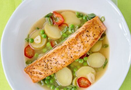 Salmon with Potatoes and Peas in a Ginger Broth