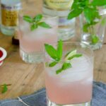Rhubarb Mint Gin and Tonic on a chambray napkin on a wooden table.