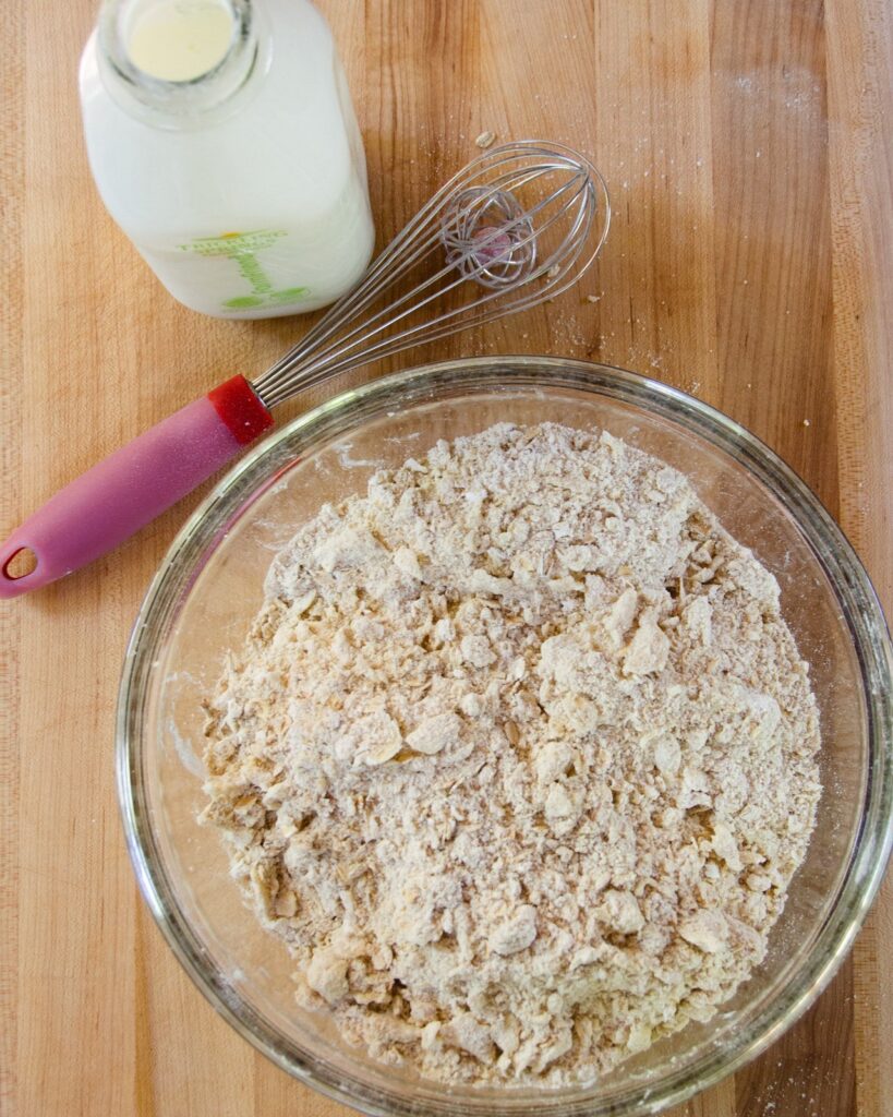 Dry ingredients for scones with the butter cut in to look like coarse meal.