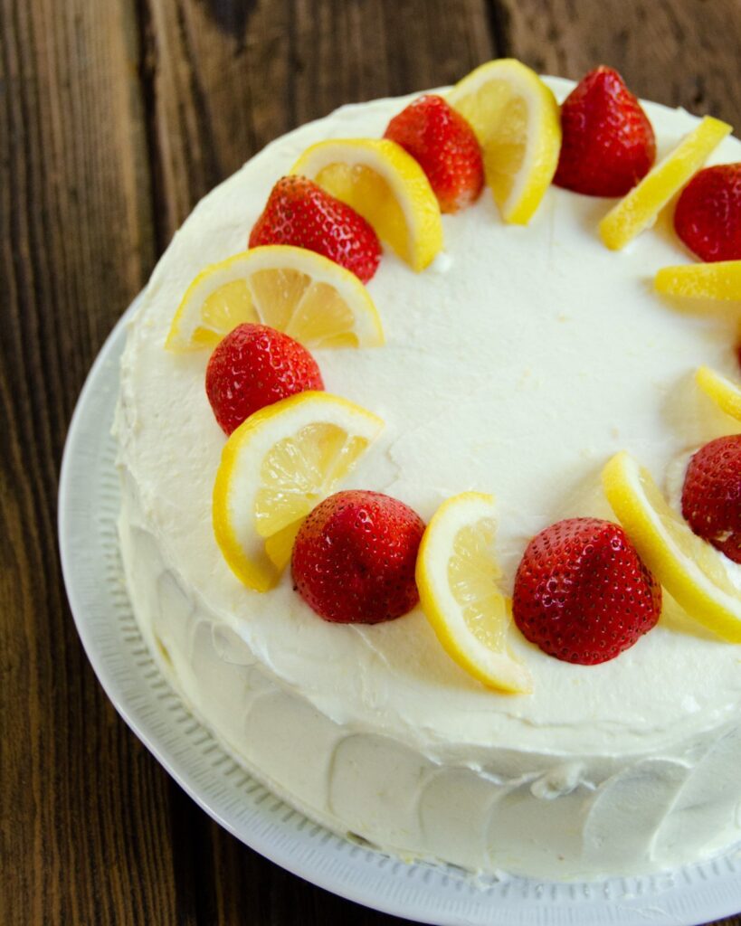 Strawberry Lemon Mascarpone Shortcake on a wooden table.
