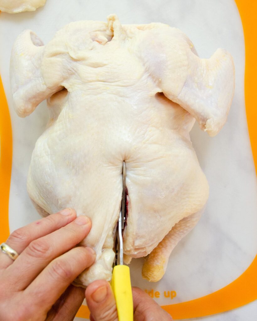 Cutting up one side of the chicken backbone - the first step in how to spatchcock a chicken.