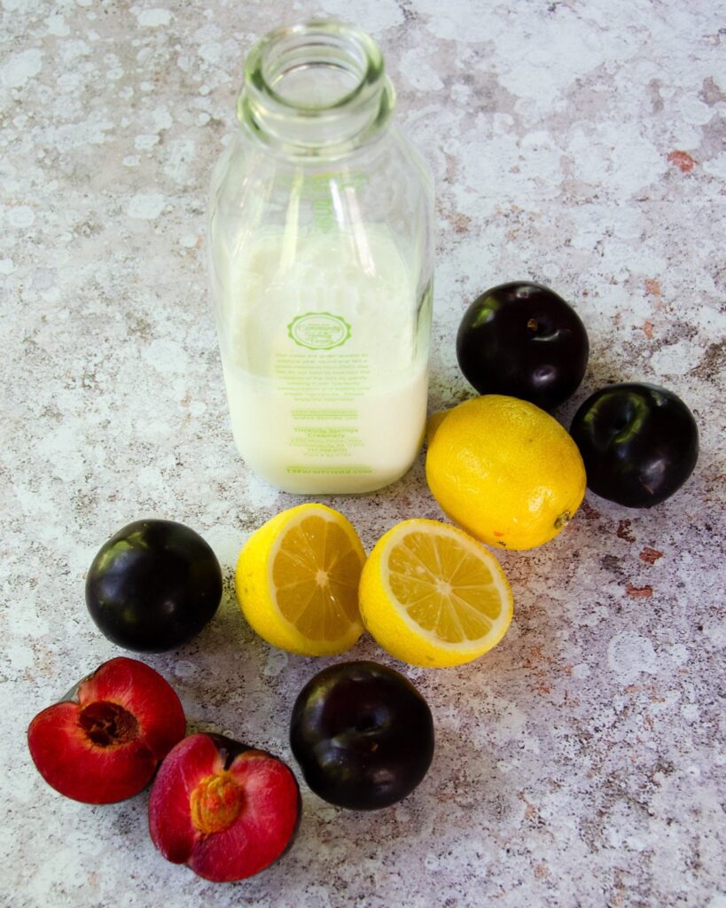 Buttermilk, lemons and plums on a countertop.