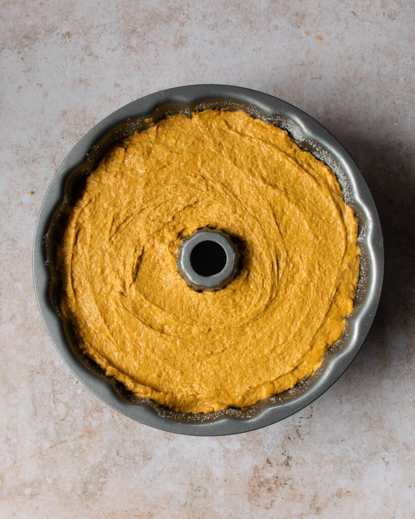 Pumpkin bundt cake ready to go into the oven.