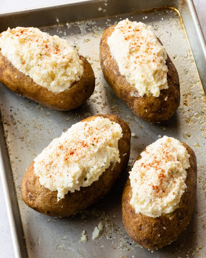 Boursin twice baked stuffed potatoes ready to go into the oven.