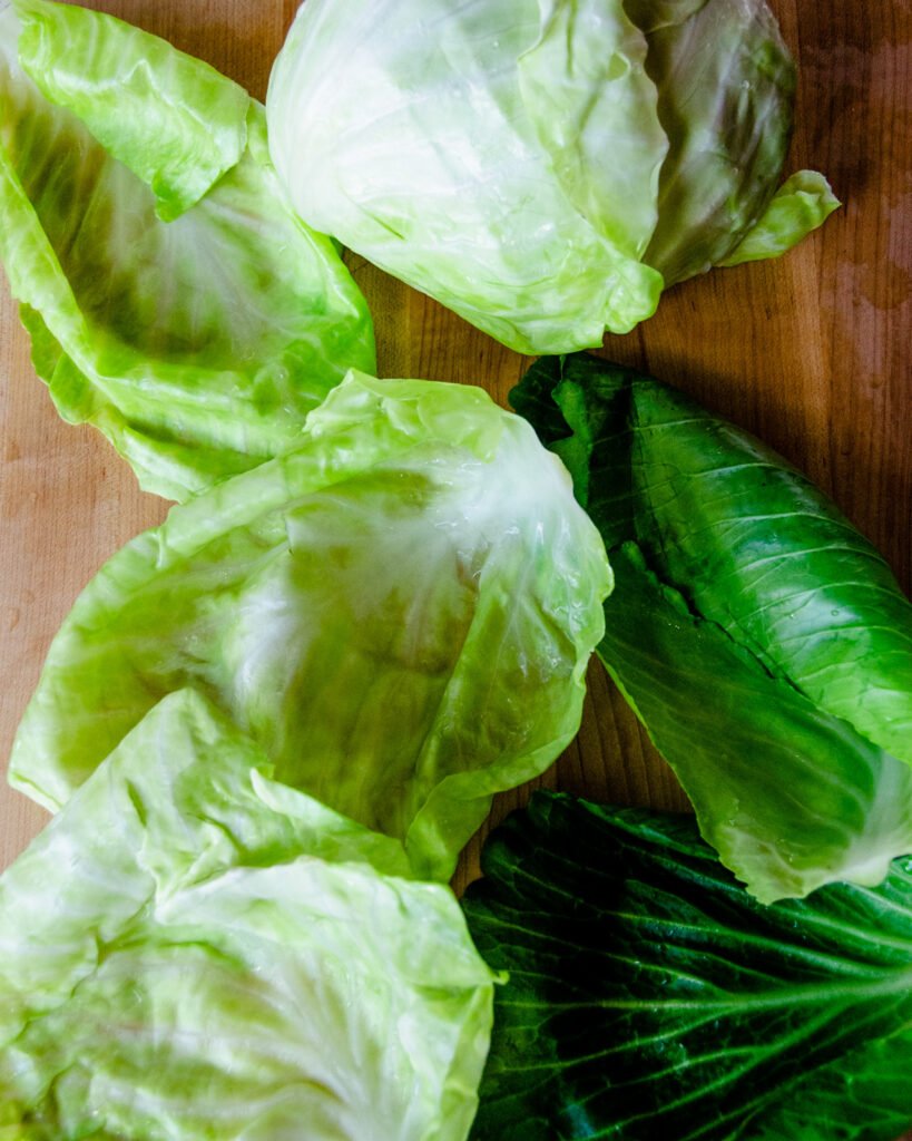 cabbage leaves on a wooden counter