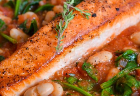 Oven-Roasted Salmon with White Beans, Tomato and Spinach