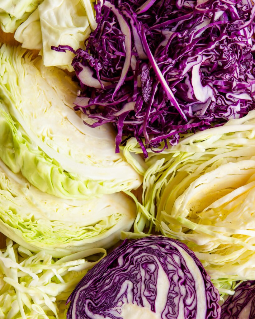 Close up of different cuts of red and green cabbage.