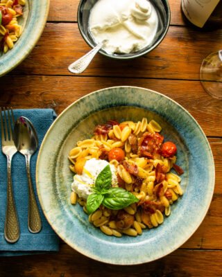 Cavatelli with Roasted Cherry Tomatoes, Pancetta and Burrata