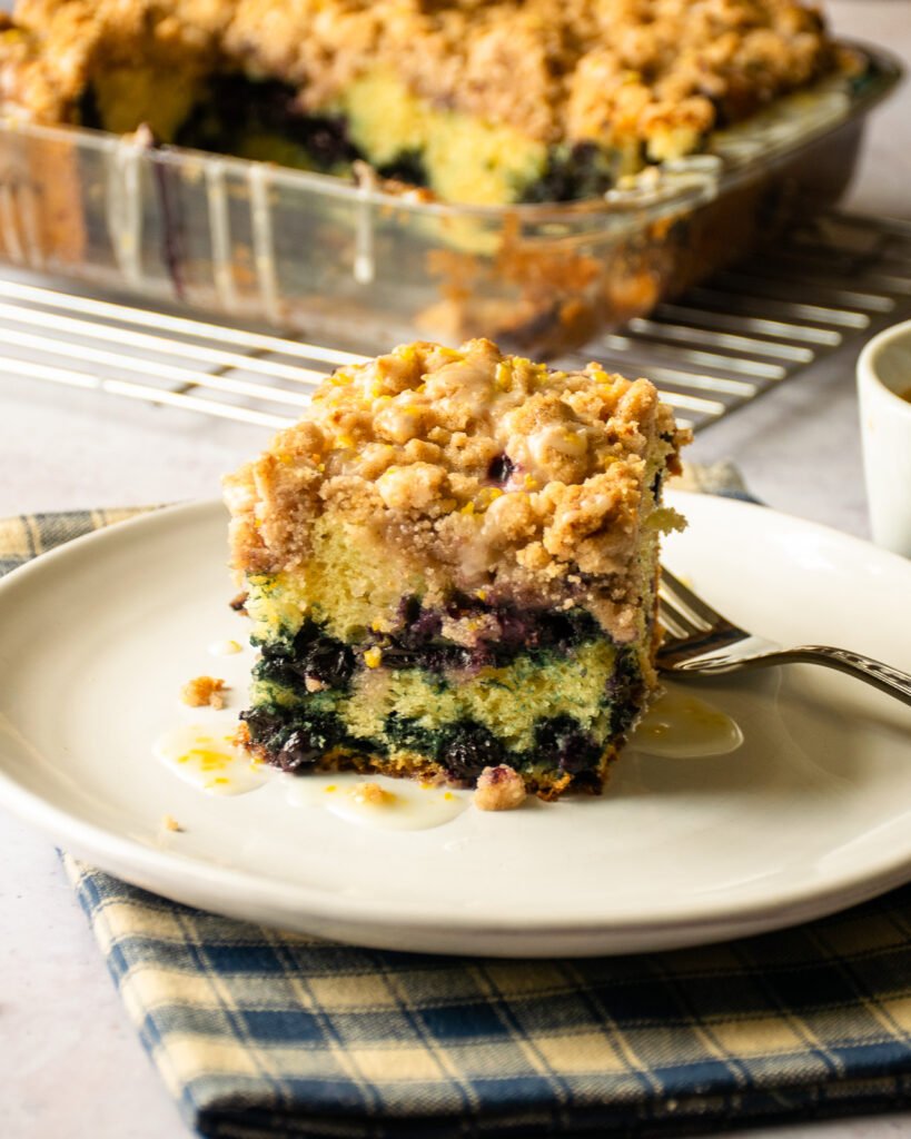 A piece of blueberry crumb coffee cake on a white plate with more behind and a blue checkered napkin.