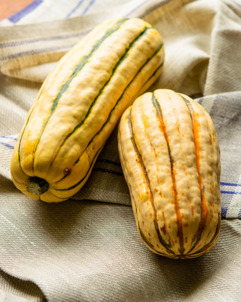 Two delicata squash on a burlap towel.