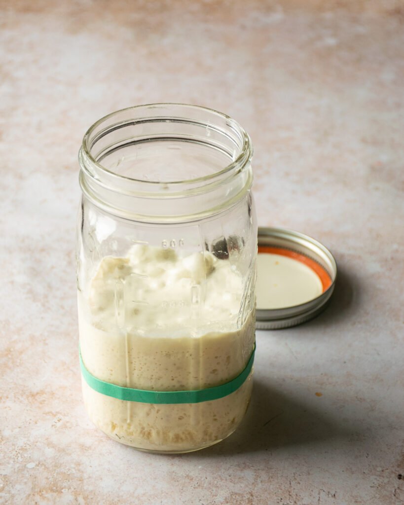 Sourdough starter in a glass jar with a green elastic band.