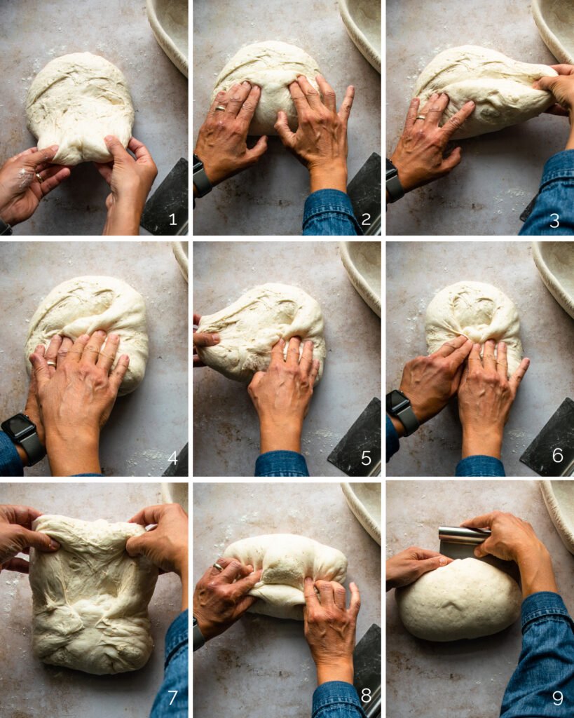 9 photos showing how to do the final fold in shaping sourdough bread.