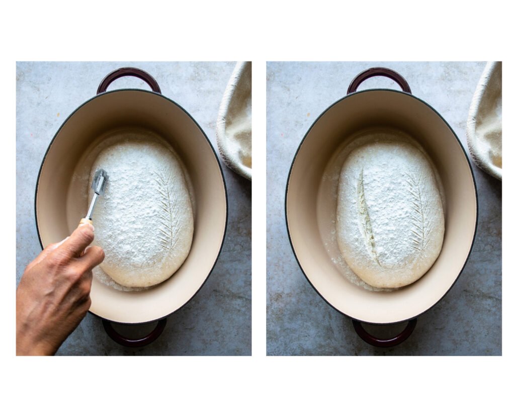 Two photos showing how to slash sourdough bread in a cast iron pot.