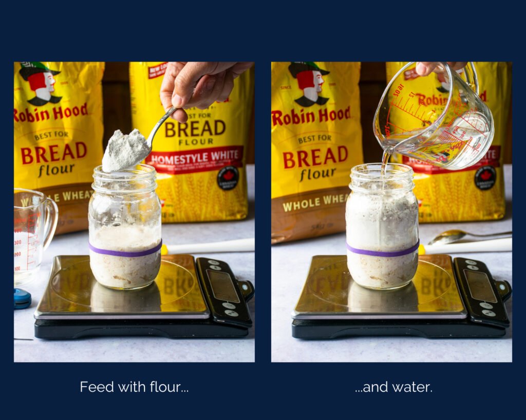 Two photos of a mason jar on a scale - one with a hand adding flour and the other with a hand adding water.