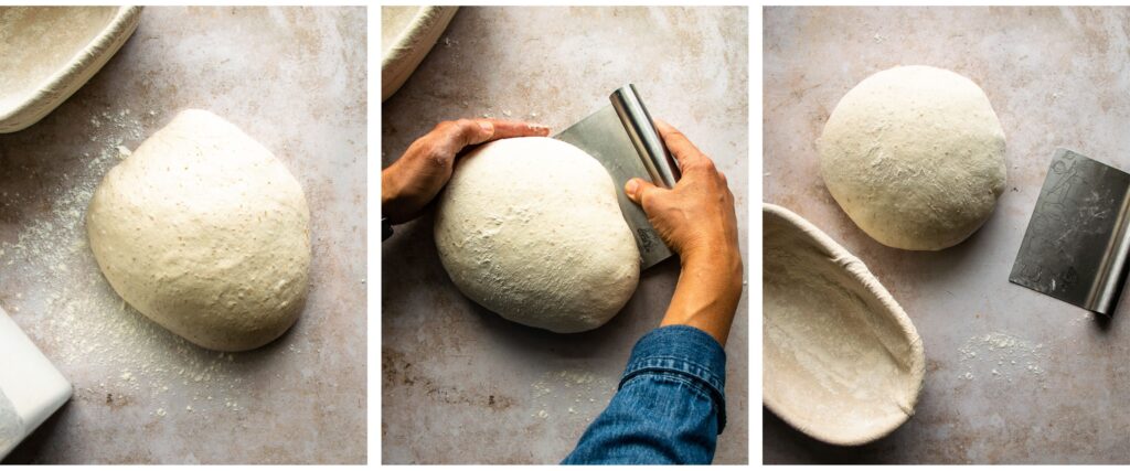 Three photos of how to shape a sourdough loaf