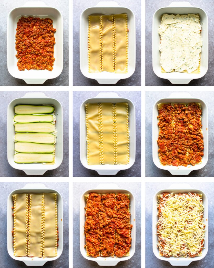 9 images of the layers in building a lasagna.
