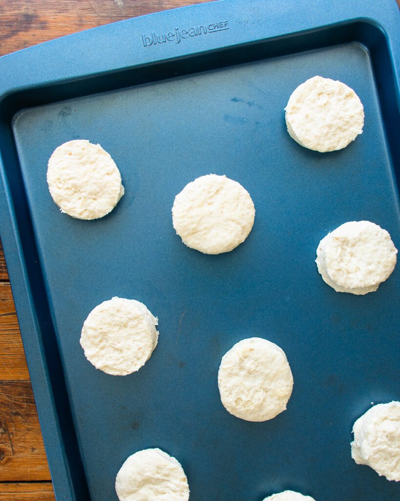 Sourdough Biscuits cut out on a blue baking sheet.
