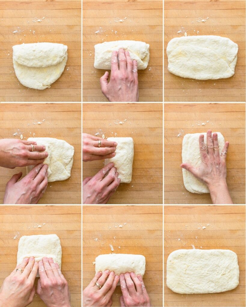 Nine images showing how to fold the dough to make sourdough buttermilk biscuits