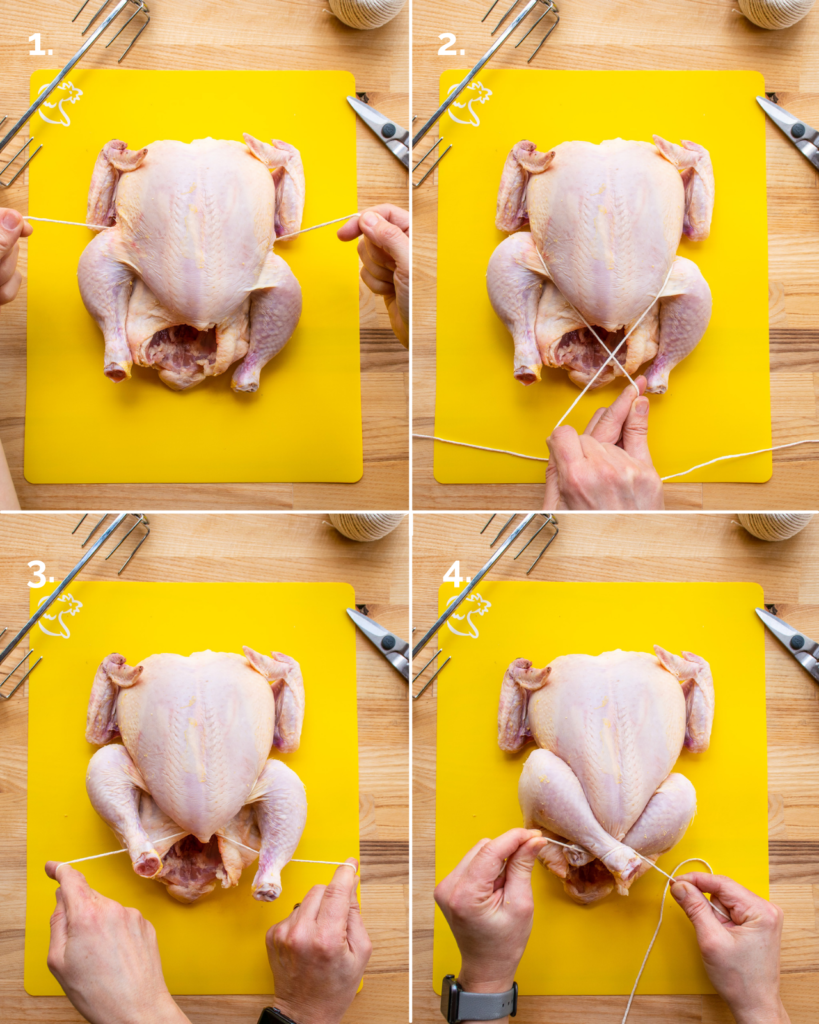 four images showing the steps of securing the legs when trussing a chicken. 