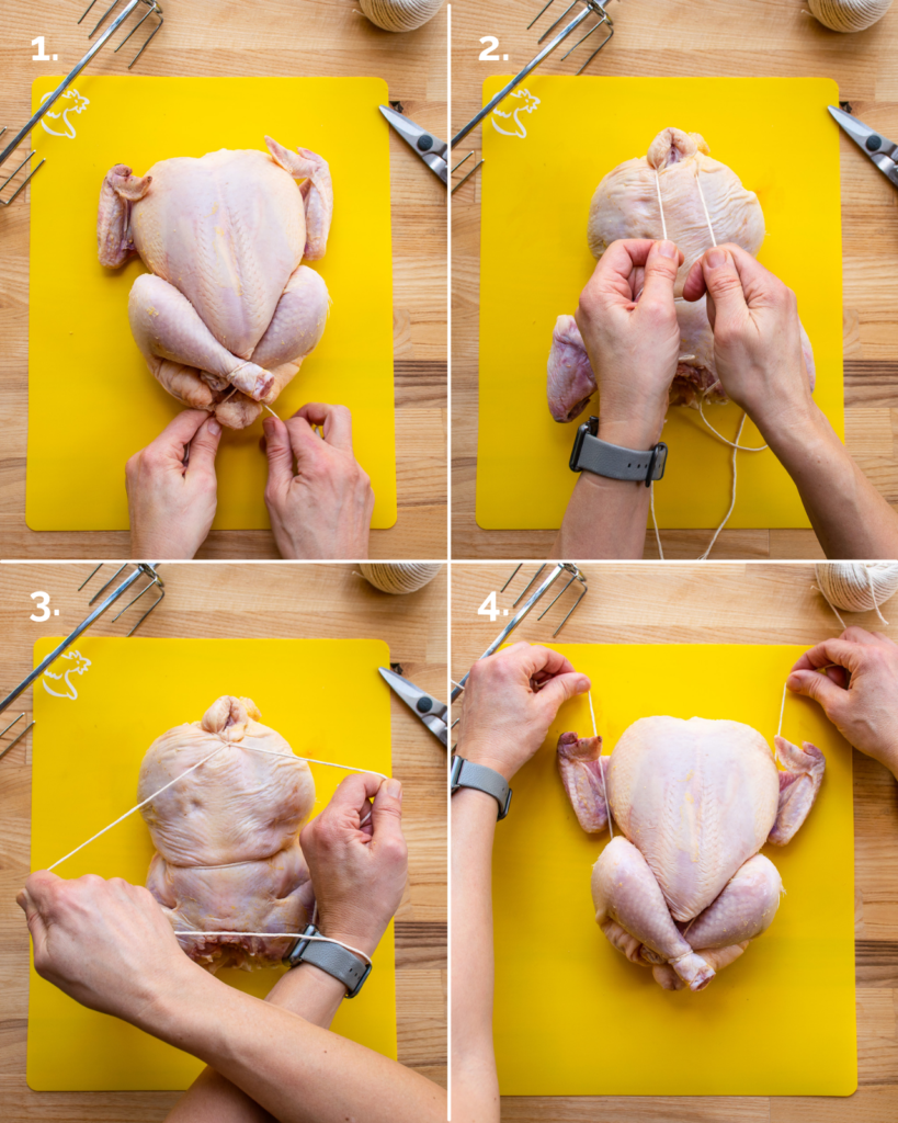 four images showing the steps of securing the tail when trussing a chicken. 