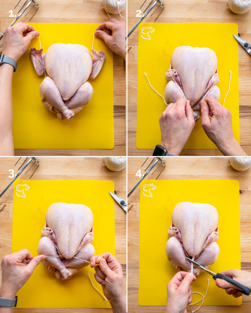 four images showing the steps of securing the wings when trussing a chicken. 