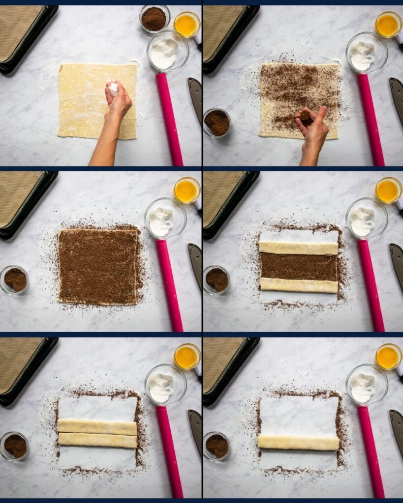 Six photographs showing the steps in making chocolate palmiers.