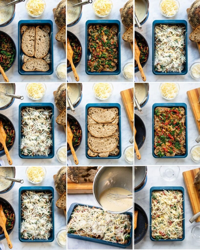 Nine photos showing how to build a breakfast strata, layering bread, savory ingredients, cheese and egg custard.