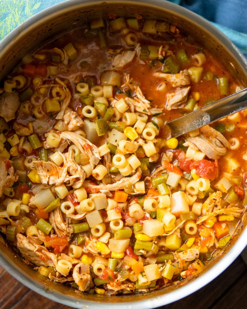 Looking straight down into a stockpot of chicken vegetable soup.