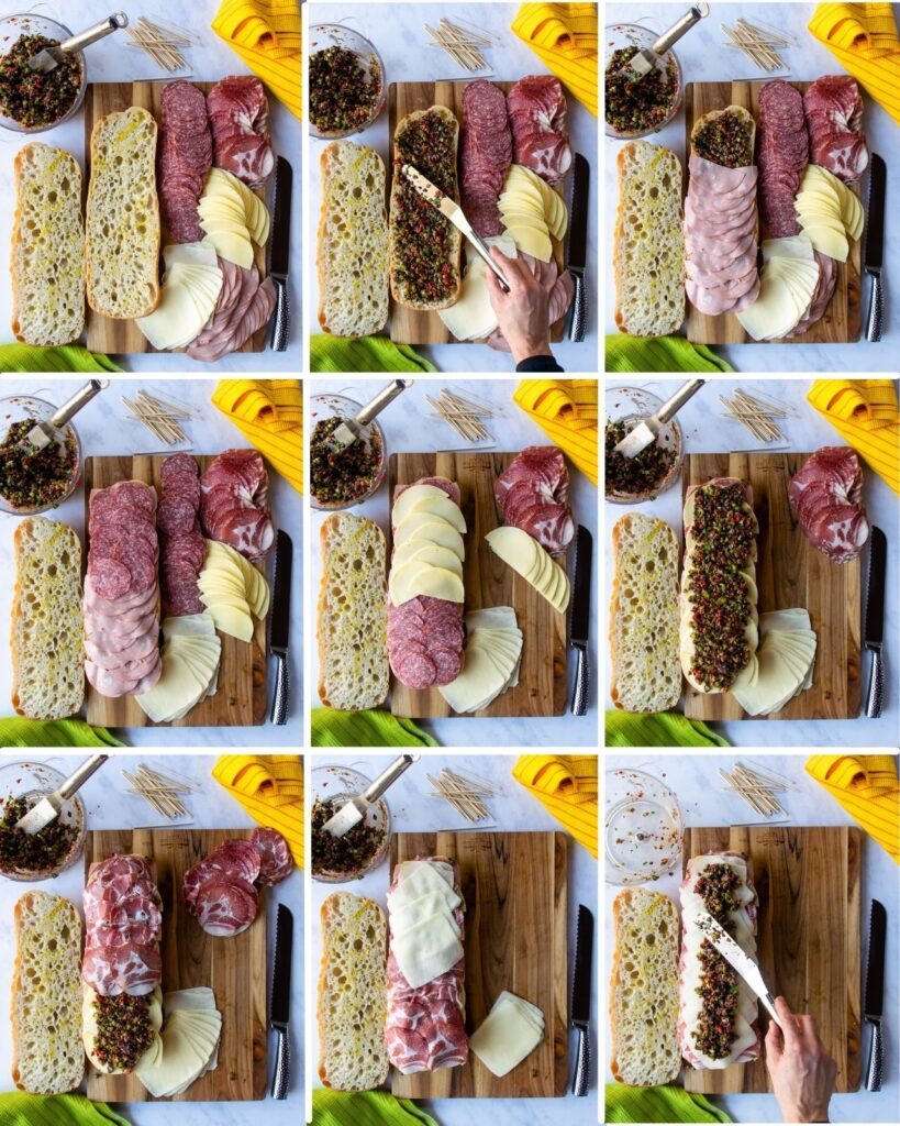 9 photos showing how to build mini muffaletta sandwiches by layering the different ingredients.