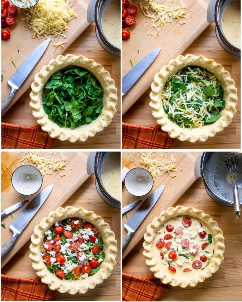 Four images showing adding ingredients to a quiche Florentine.