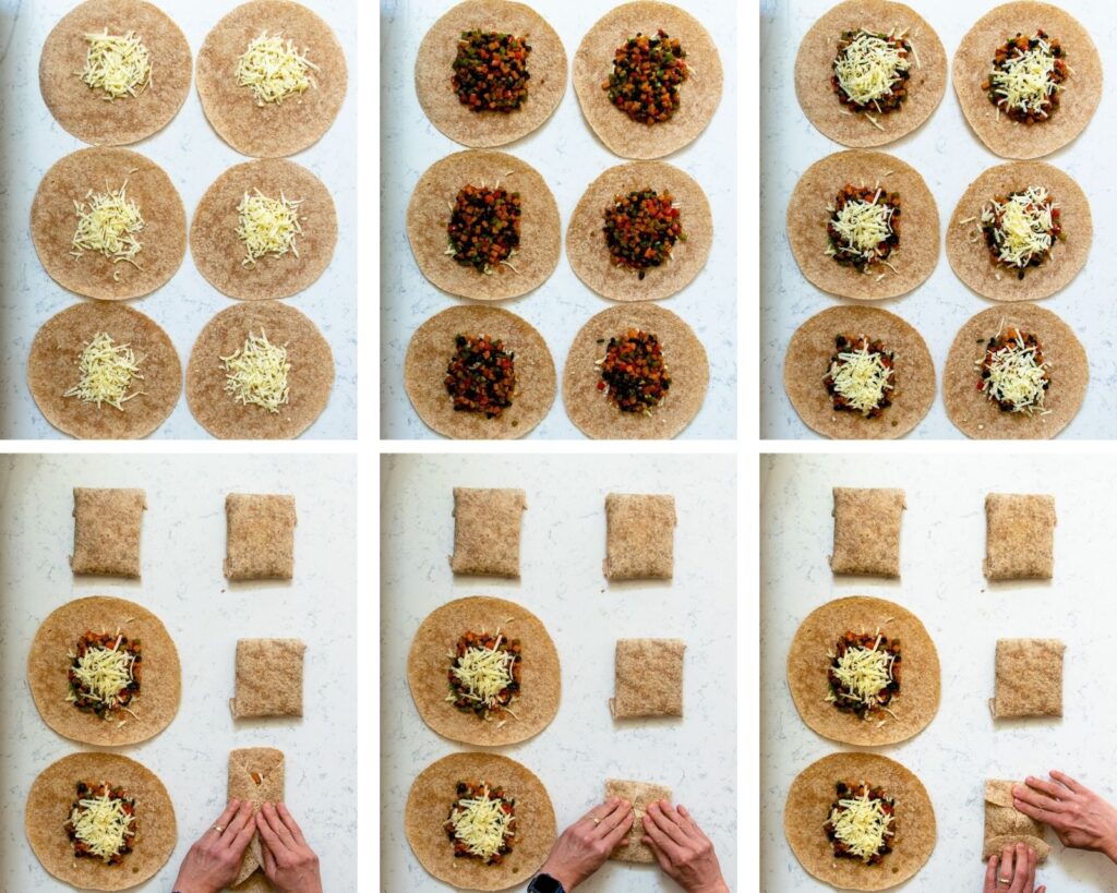 6 photographs showing how to build a black bean burrito pocket.
