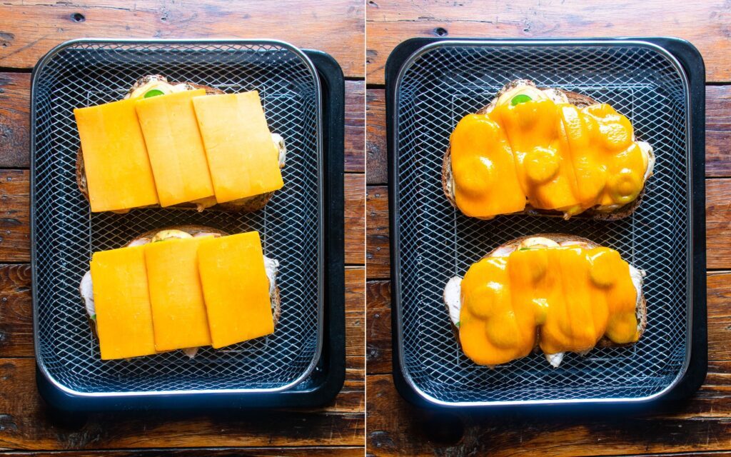 Two images of sandwiches in an air fryer basket - one showing two sandwiches with cheese on top and one with the cheese melted.